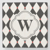 Schwarz-Weiß-Harlequin-Muster mit Monogramm Steinuntersetzer (Vorderseite)