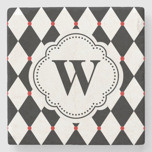 Schwarz-Weiß-Harlequin-Muster mit Monogramm Steinuntersetzer (Vorderseite)