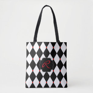 Schwarz-Weiß-Harlequin-Muster mit Monogramm Tasche