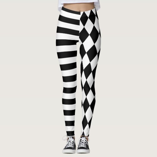 Schwarz-Weiß-Harlequin Streifen und Jester Leggings (Vorderseite)