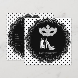 SCHWARZ-WEISS HEART BACHELORETTE MASQUERADE PARTY EINLADUNG