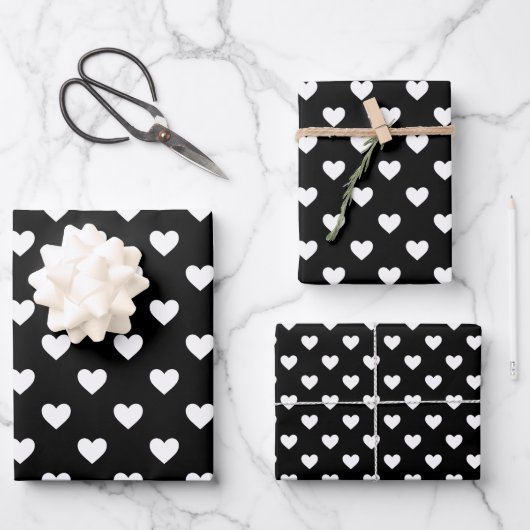 Schwarz-Weiß-Herz-Muster Geschenkpapier Set (Vorderseite)