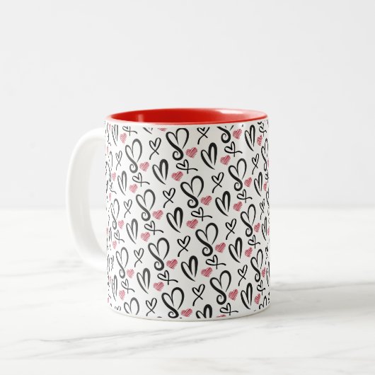 Schwarz-Weiß-Herz Nahtloses Muster Zweifarbige Tasse (Vorderseite Links)