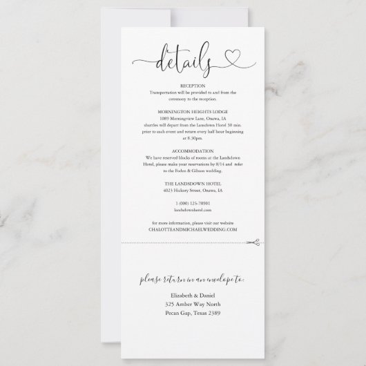 Schwarz-Weiß-Herz-Script in einer Hochzeit Einladung (Rückseite)