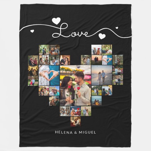Schwarz-Weiß-Herz-Shaped Foto Collage Script Fleecedecke (Vorderseite)