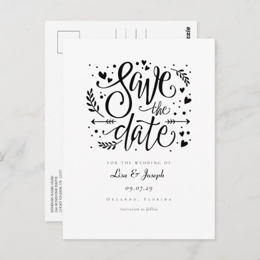Schwarz-Weiß-Herz-Skript Save the Date Postkarte (Vorne/Hinten)