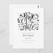 Schwarz-Weiß-Herz-Skript Save the Date Postkarte (Vorne/Hinten)
