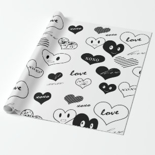Schwarz-Weiß-Herzen Gesichter Liebe Xoxo Geschenkpapier