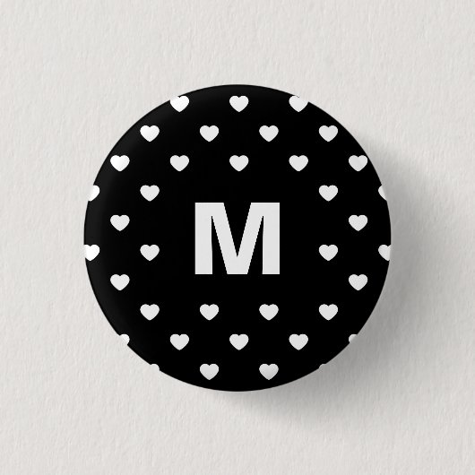 Schwarz-Weiß-Herzen-Punktmuster-Monogramm Button (Vorderseite)