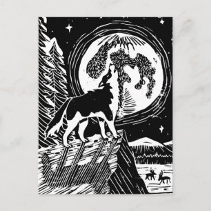 Schwarz-weiß heulender Husky bei Nacht Linolschnit Postkarte
