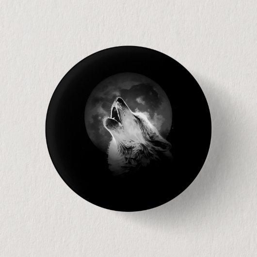 Schwarz & Weiß heulender Wolf & Mond Button (Vorderseite)
