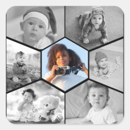 Schwarz-Weiß-Hexagon-FotoCollage Quadratischer Aufkleber