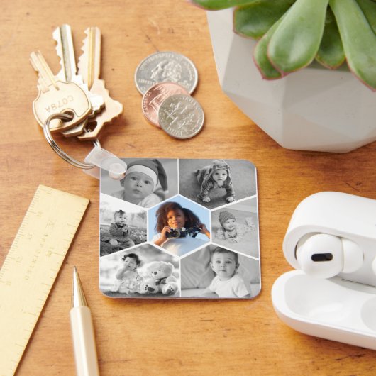 Schwarz-Weiß-Hexagon-FotoCollage Schlüsselanhänger (Schreibtisch)