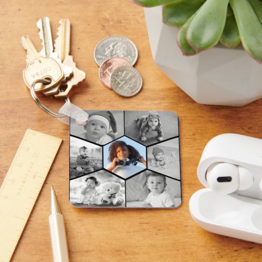 Schwarz-Weiß-Hexagon-FotoCollage Schlüsselanhänger (Schreibtisch)