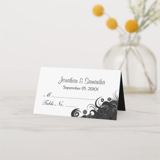 Schwarz-Weiß-Hibiskus-Blütentabelle Platzkarte (Vorderseite)