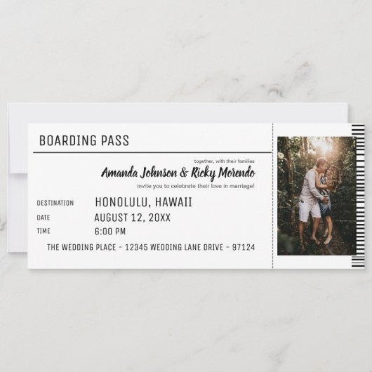 Schwarz-Weiß-Hochzeit in Urlaubsort mit Foto Einladung (Vorderseite)