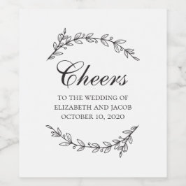 Schwarz-Weiß-Hochzeit mit edlem botanischem Blattw Weinetikett
