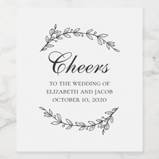 Schwarz-Weiß-Hochzeit mit edlem botanischem Blattw Weinetikett (Einzelnes Label)