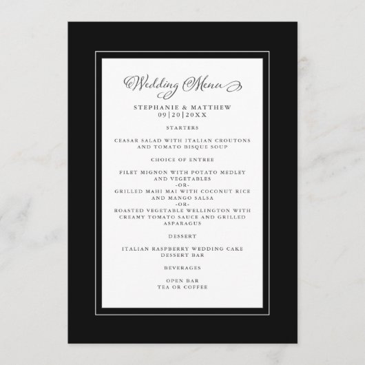 Schwarz-Weiß Hochzeit Moderne schicke Grenzen Menükarte (Vorderseite)