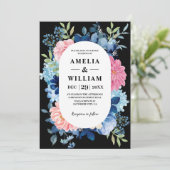 Schwarz-Weiß-Hochzeit, pinkfarbene Blume Einladung (Stehend Vorderseite)