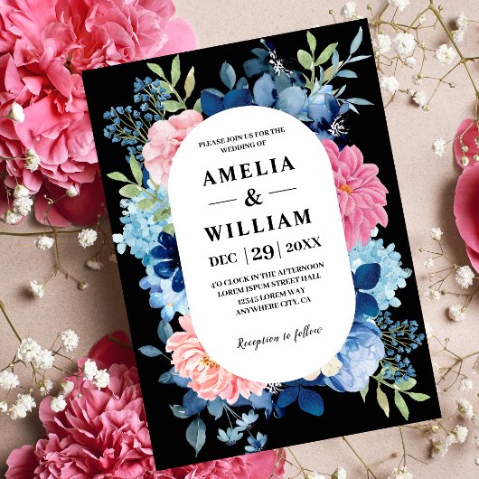 Schwarz-Weiß-Hochzeit, pinkfarbene Blume Einladung