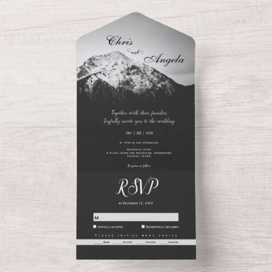 Schwarz-Weiß-Hochzeit unter den Bergen All In One Einladung (Innen Boden)
