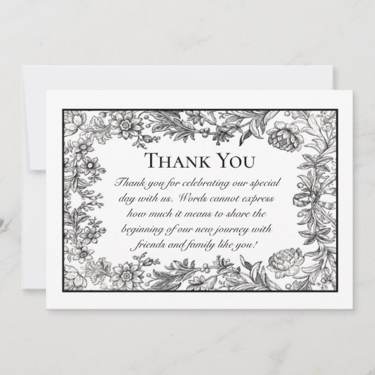 Schwarz-Weiß-Hochzeit Vintager Blumen Dankeskarte (Vorderseite)