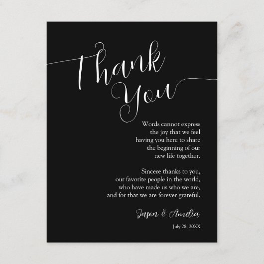 Schwarz-Weiß-Hochzeitsempfang Dankeskarte (Vorderseite)