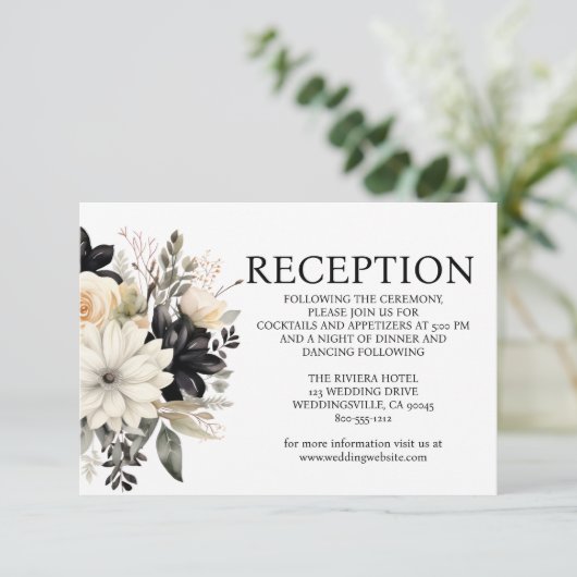 Schwarz-Weiß-Hochzeitsempfangskarte Begleitkarte (Stehend Vorderseite)