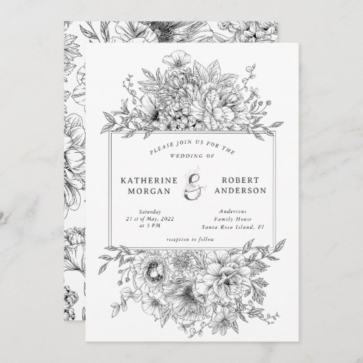 Schwarz-Weiß-Hochzeitsfeier Einladung (Vorne/Hinten)