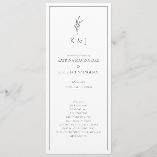 Schwarz-Weiß-Hochzeitsfeier Minimalistisches Elega Programm (Vorderseite)