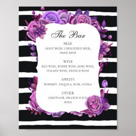 Schwarz-Weiß-Hochzeitsgetränke Bar. Lila blumenrei Poster