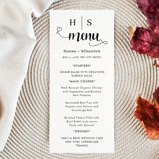 Schwarz-Weiß-Hochzeitsmenü Menükarte
