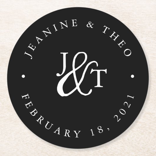 Schwarz-Weiß-Hochzeitsmonogramm Runder Pappuntersetzer (Vorderseite)