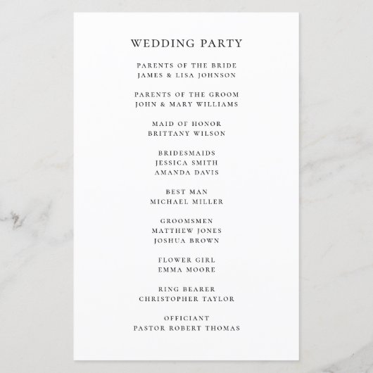 Schwarz-Weiß-Hochzeitsprogramm (Rückseite)