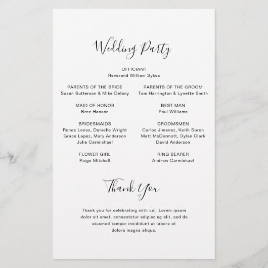 Schwarz-Weiß-Hochzeitsprogramm für das moderne Bud Flyer (Hinten)