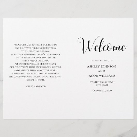 Schwarz-Weiß-Hochzeitsprogramm gefaltet (Vorderseite)