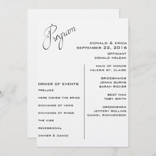Schwarz-Weiß-Hochzeitsprogramm Programm (Vorne/Hinten)