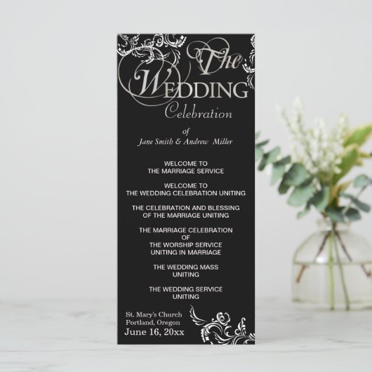Schwarz-Weiß-Hochzeitsprogramme Programm (Stehend Vorderseite)