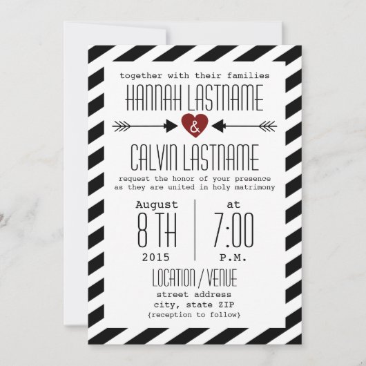 Schwarz-Weiß-Hochzeitsstreifen - Rotes Herz + Pfei Einladung (Vorderseite)