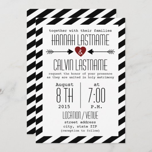 Schwarz-Weiß-Hochzeitsstreifen - Rotes Herz + Pfei Einladung (Vorne/Hinten)