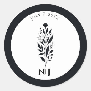 Schwarz-weiß-hohe Blumenmoderne Vintage-Hochzeit Runder Aufkleber