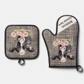 Schwarz-Weiß-Holstein-Kuh mit Floral Ofenhandschuh & Topflappen-Set (Vorderseite)