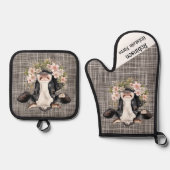Schwarz-Weiß-Holstein-Kuh mit Floral Ofenhandschuh & Topflappen-Set (Vorderseite)