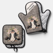 Schwarz-Weiß-Holstein-Kuh mit Floral Ofenhandschuh & Topflappen-Set (Vorderseite/Rückseite)