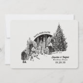 Schwarz-Weiß-Holzkohle-Schloss im Forest Retro Save The Date (Vorderseite)