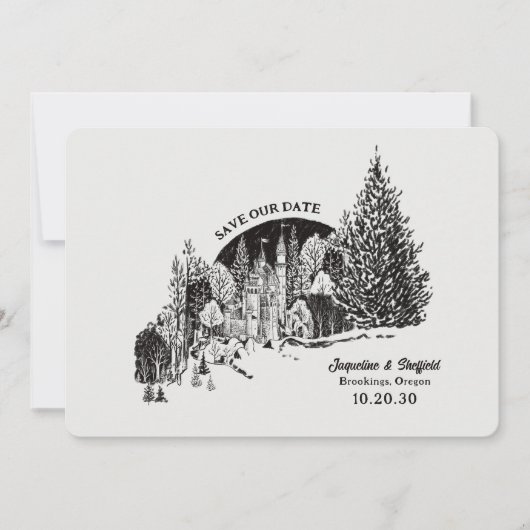 Schwarz-Weiß-Holzkohle-Schloss im Forest Retro Save The Date (Vorderseite)