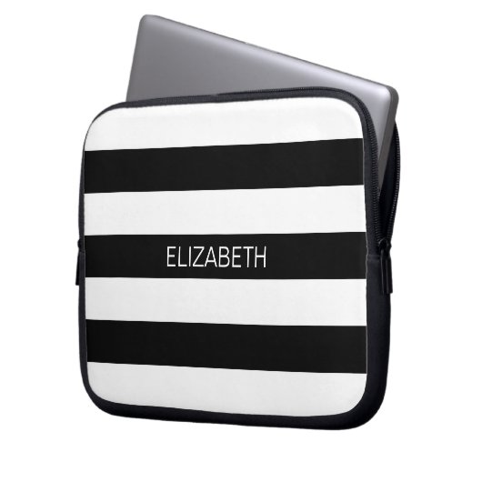 Schwarz-weiß Horiz Preppy Strip #2 Name Monogram Laptopschutzhülle (Vorderseite Links)