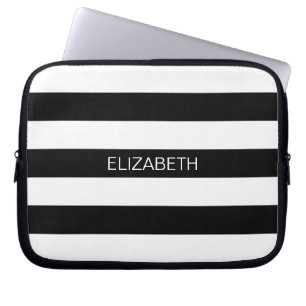 Schwarz-weiß Horiz Preppy Strip #2 Name Monogram Laptopschutzhülle