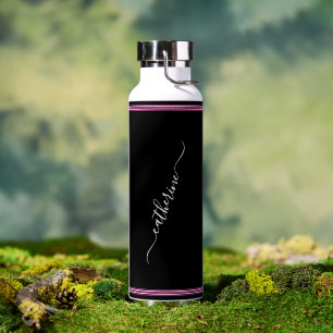 Schwarz Weiß Hot Pink Elegant Moderne Schrift Name Trinkflasche